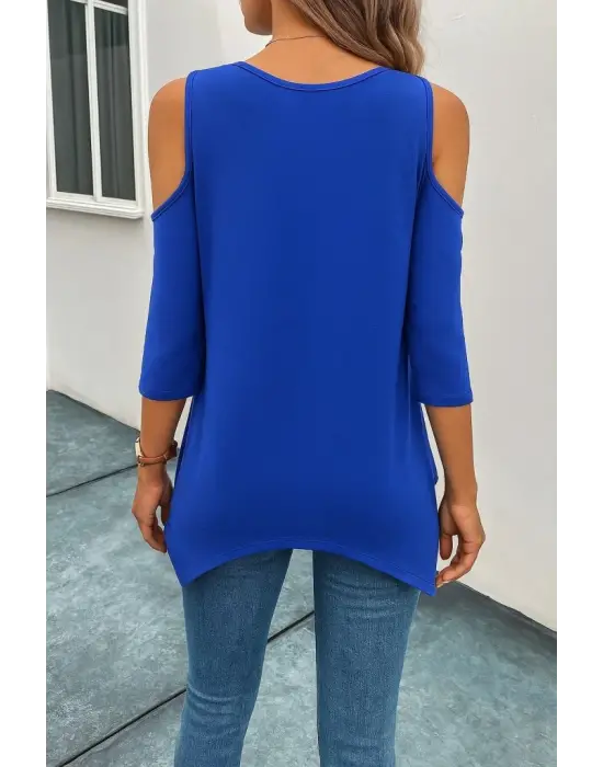 Kadın Omuzlardan Açık Sıfır Yaka Asimetrik Kesim Detay Viskon Bluz