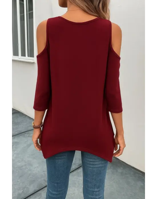 Kadın Omuzlardan Açık Sıfır Yaka Asimetrik Kesim Detay Viskon Bluz