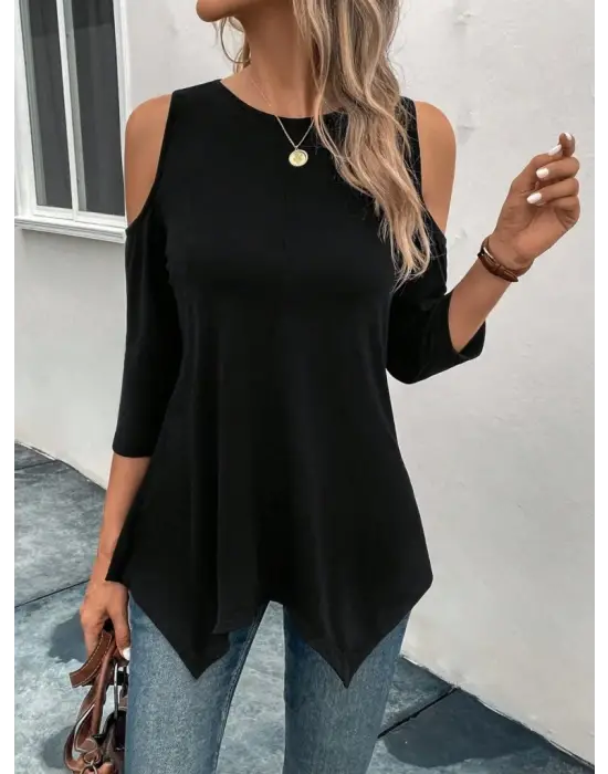 Kadın Omuzlardan Açık Sıfır Yaka Asimetrik Kesim Detay Viskon Bluz
