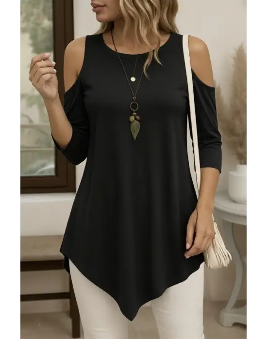 Kadın Omuzlardan Açık Sıfır Yaka Asimetrik Kesim Detay Viskon Bluz