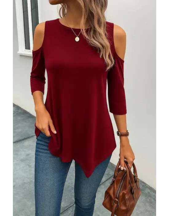 Kadın Omuzlardan Açık Sıfır Yaka Asimetrik Kesim Detay Viskon Bluz