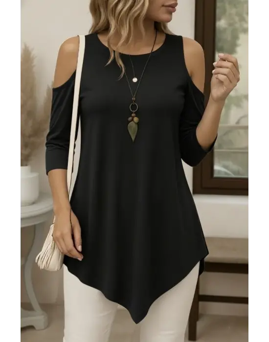 Kadın Omuzlardan Açık Sıfır Yaka Asimetrik Kesim Detay Viskon Bluz