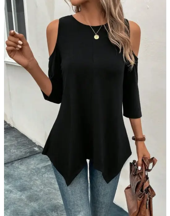 Kadın Omuzlardan Açık Sıfır Yaka Asimetrik Kesim Detay Viskon Bluz