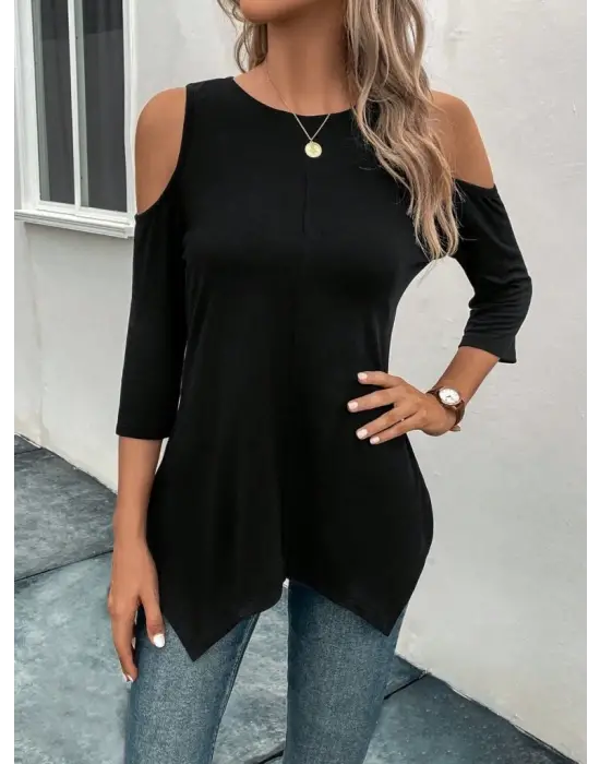 Kadın Omuzlardan Açık Sıfır Yaka Asimetrik Kesim Detay Viskon Bluz