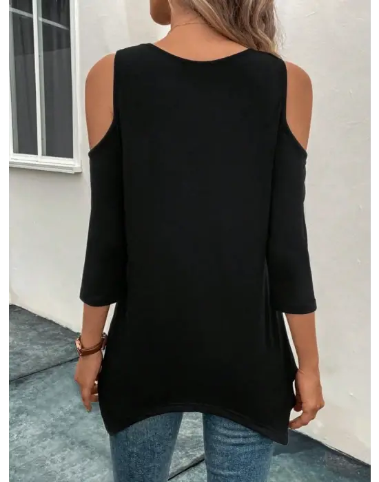 Kadın Omuzlardan Açık Sıfır Yaka Asimetrik Kesim Detay Viskon Bluz