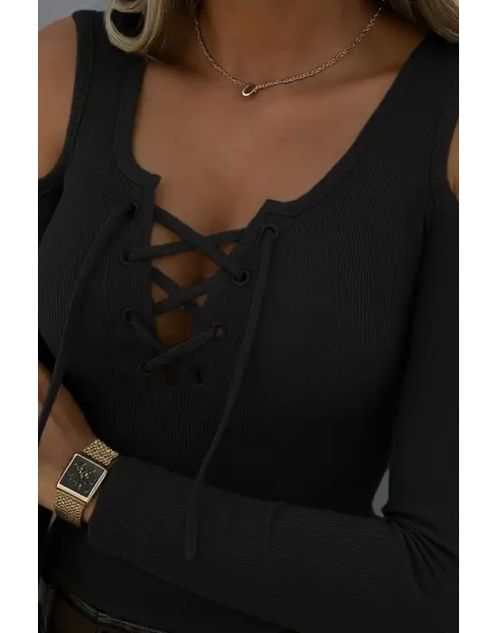 Kadın Omuzlardan Açık Uzun Kollu Bağcıklı Kaşkorse Bluz