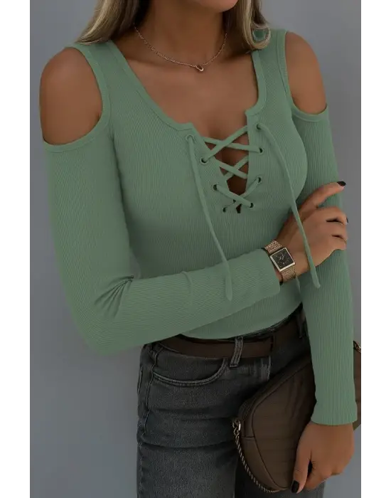 Kadın Omuzlardan Açık Uzun Kollu Bağcıklı Kaşkorse Bluz