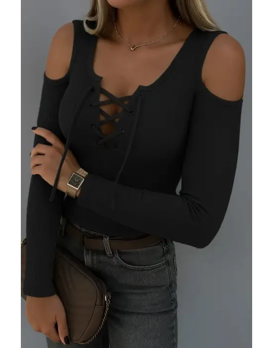 Kadın Omuzlardan Açık Uzun Kollu Bağcıklı Kaşkorse Bluz