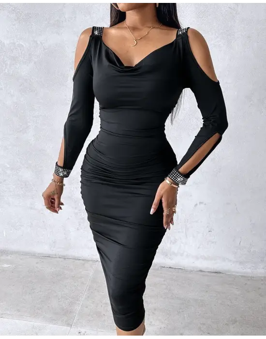 Kadın Omuzlardan Açık Uzun Kollu Taşlı Degaje Yakalı Sandy Midi Elbise