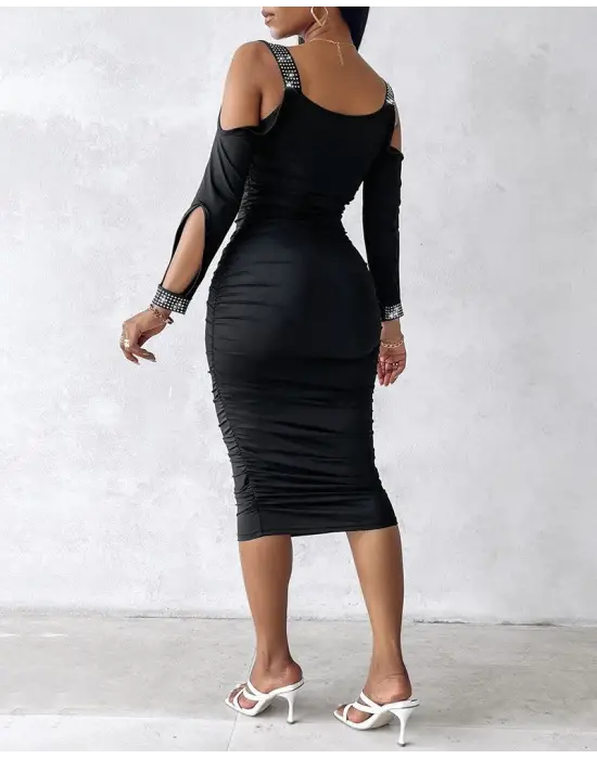 Kadın Omuzlardan Açık Uzun Kollu Taşlı Degaje Yakalı Sandy Midi Elbise