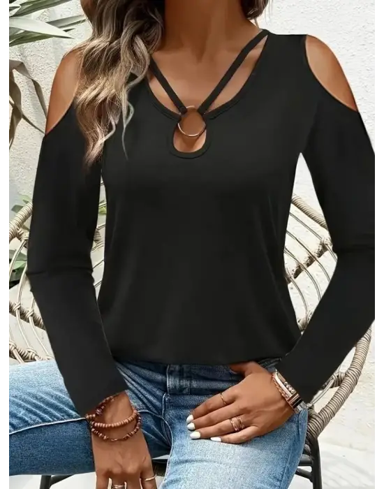 Kadın Omuzlardan Açık Uzun Kollu Yakadan Halka şerit Detaylı Viskon Bluz