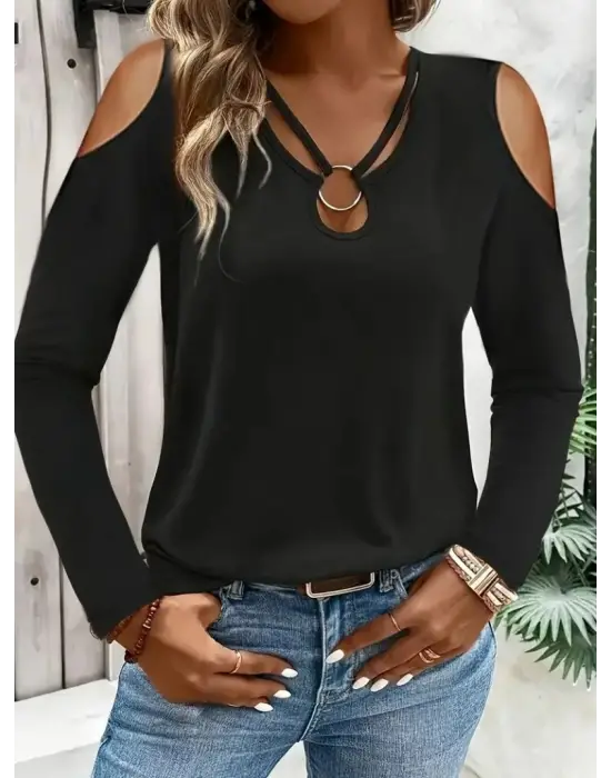 Kadın Omuzlardan Açık Uzun Kollu Yakadan Halka şerit Detaylı Viskon Bluz