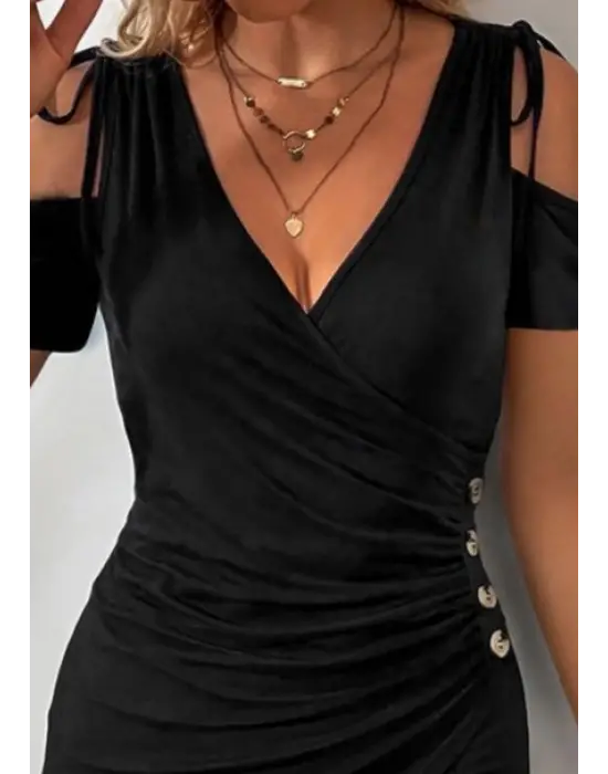 Kadın Omuzlardan Açık V Yakalı Kısa Kollu Yanlardan Büzgülü Düğme Detaylı Janjan Krep Elbise