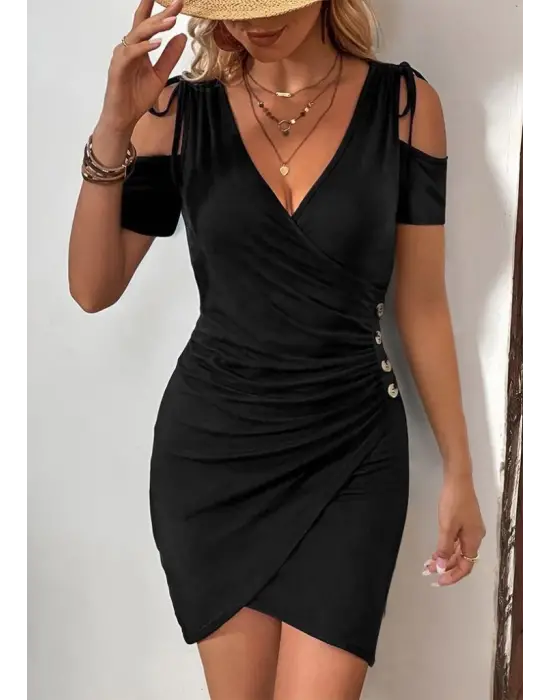 Kadın Omuzlardan Açık V Yakalı Kısa Kollu Yanlardan Büzgülü Düğme Detaylı Janjan Krep Elbise