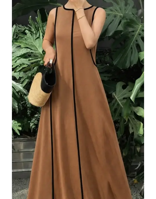 Kadın Omuzlardan Açık Yaka Ince şerit Detaylı Uzun Viskon Elbise