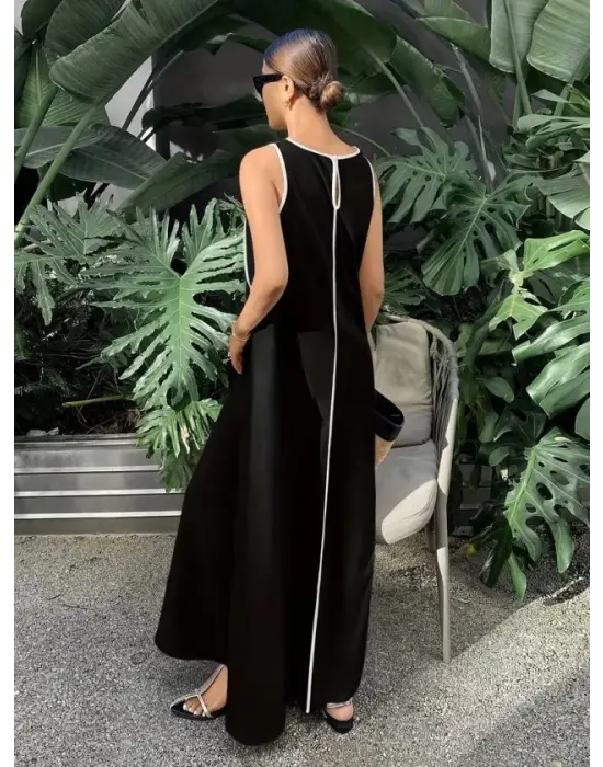 Kadın Omuzlardan Açık Yaka Ince şerit Detaylı Uzun Viskon Elbise