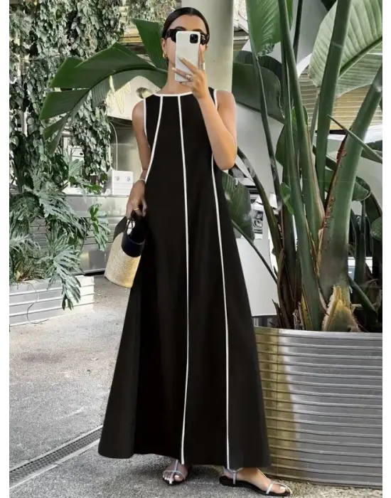 Kadın Omuzlardan Açık Yaka Ince şerit Detaylı Uzun Viskon Elbise