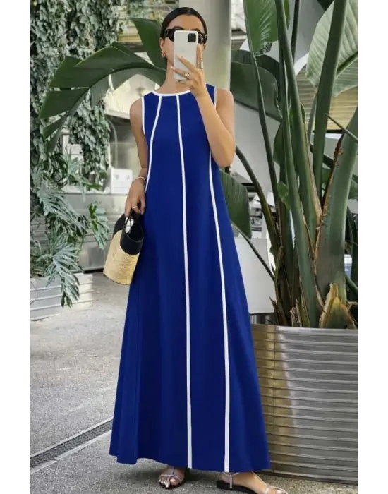 Kadın Omuzlardan Açık Yaka Ince şerit Detaylı Uzun Viskon Elbise