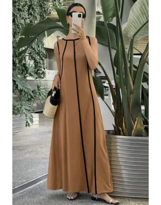 Kadın Omuzlardan Açık Yaka Ince şerit Detaylı Uzun Viskon Elbise