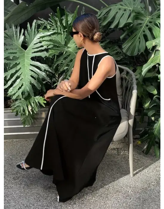 Kadın Omuzlardan Açık Yaka Ince şerit Detaylı Uzun Viskon Elbise