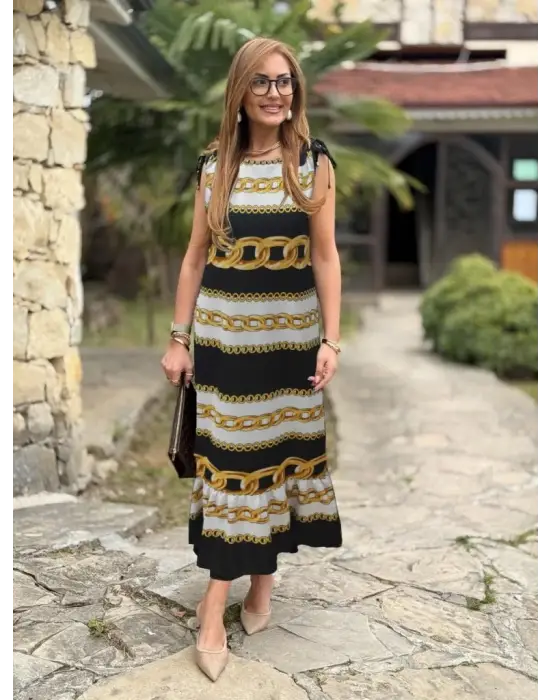 Kadın Omuzlardan Büzgülü Kayık Yaka Fırfırlı Janjan Krep Elbise