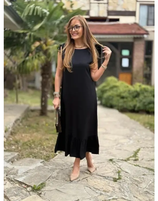 Kadın Omuzlardan Büzgülü Kayık Yaka Fırfırlı Janjan Krep Elbise