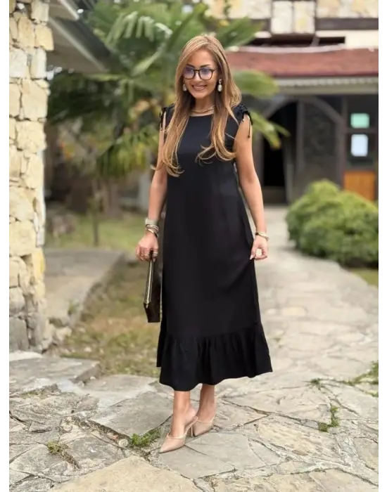 Kadın Omuzlardan Büzgülü Kayık Yaka Fırfırlı Janjan Krep Elbise