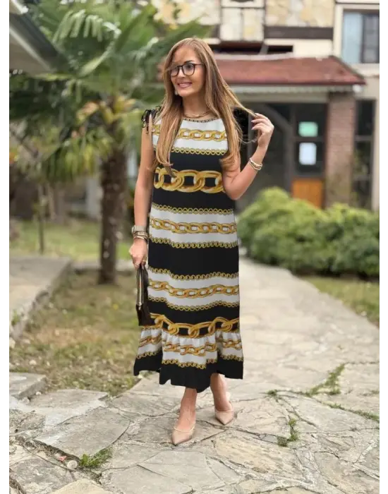 Kadın Omuzlardan Büzgülü Kayık Yaka Fırfırlı Janjan Krep Elbise