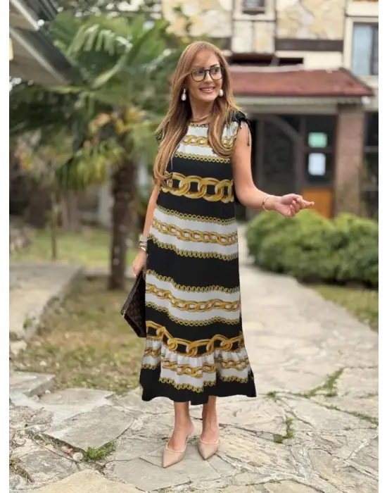 Kadın Omuzlardan Büzgülü Kayık Yaka Fırfırlı Janjan Krep Elbise