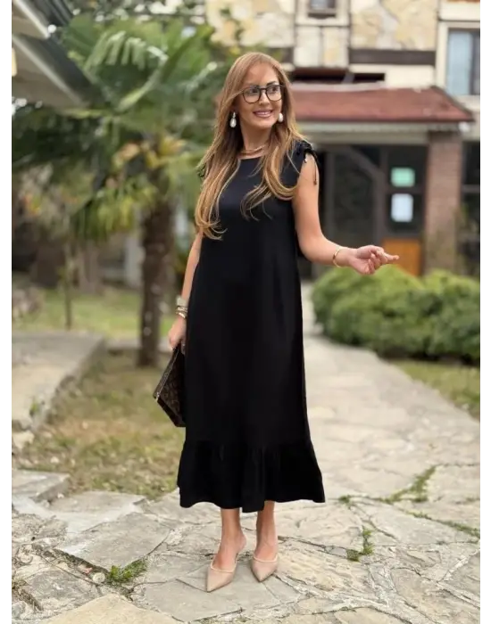 Kadın Omuzlardan Büzgülü Kayık Yaka Fırfırlı Janjan Krep Elbise