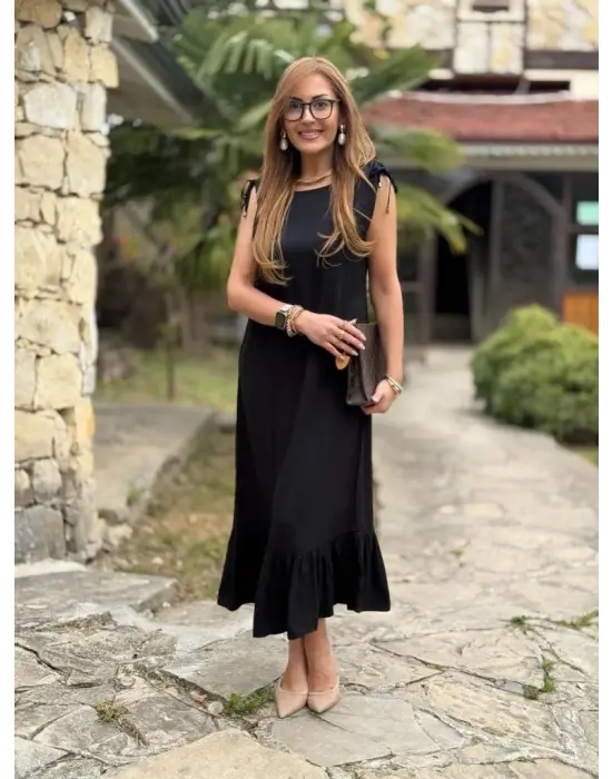 Kadın Omuzlardan Büzgülü Kayık Yaka Fırfırlı Janjan Krep Elbise