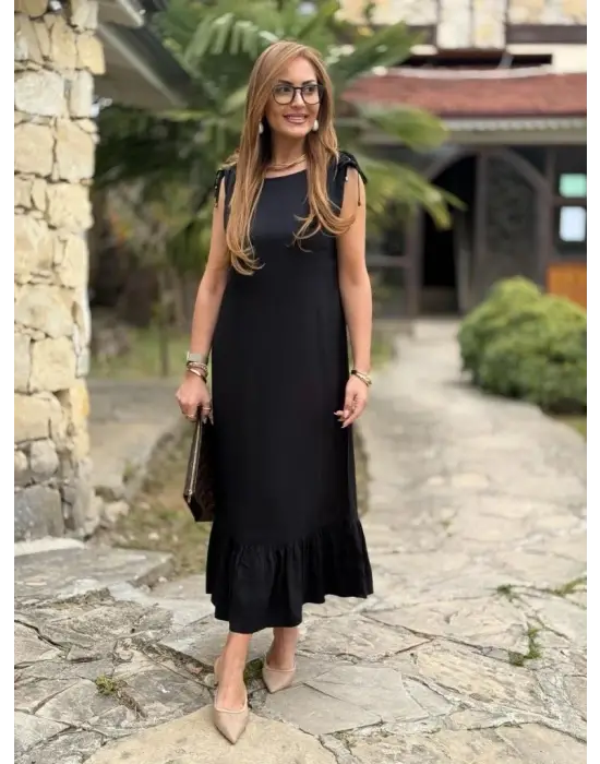 Kadın Omuzlardan Büzgülü Kayık Yaka Fırfırlı Janjan Krep Elbise