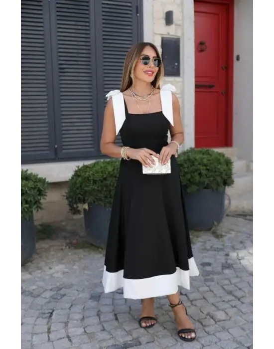 Omarı Elegan Kadın Omuzlardan Kurdela Askılı Elbise