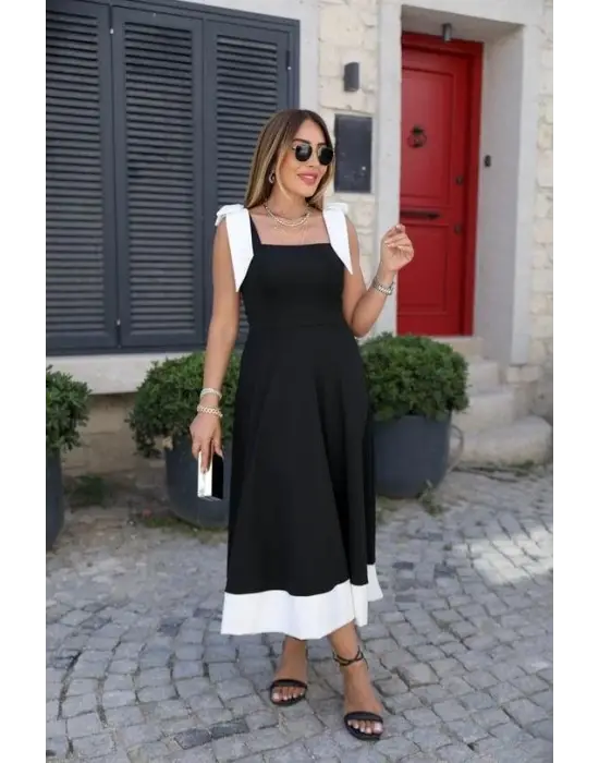 Omarı Elegan Kadın Omuzlardan Kurdela Askılı Elbise