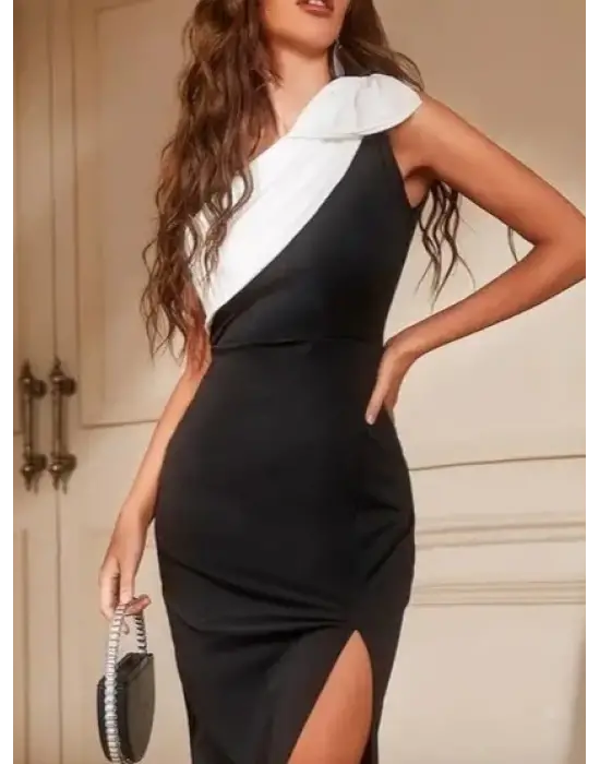 Omarı Siyah Beyaz Omuzlarda Kurdela Detaylı Midi Elbise