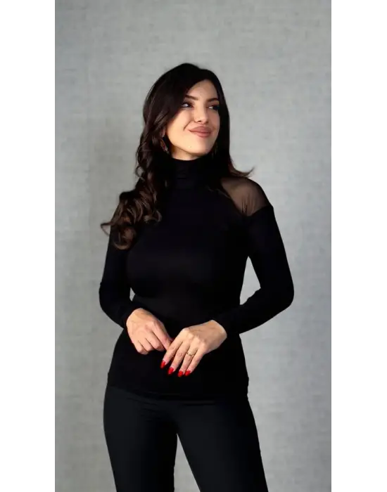 Kadın Omuzları Tül Balıkçı Yaka Viskon Kumaş Bluz