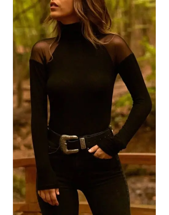 Kadın Omuzları Tül Balıkçı Yaka Viskon Kumaş Bluz