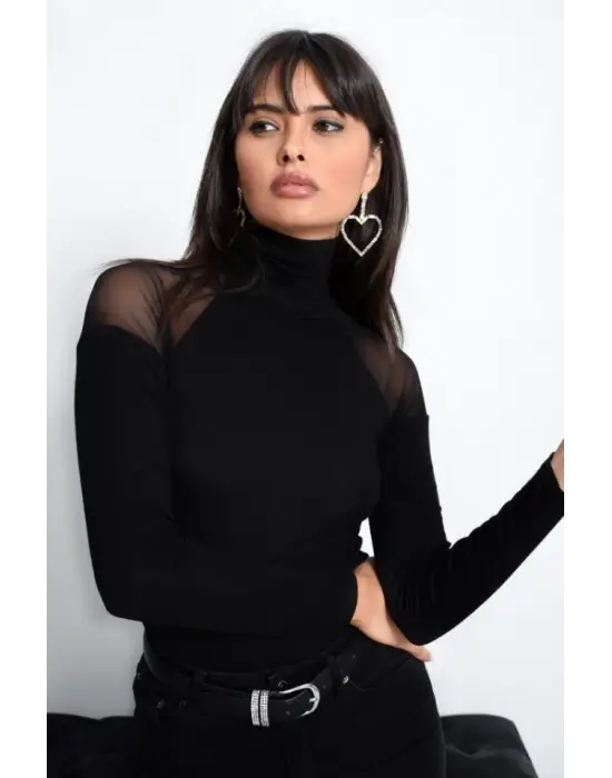 Kadın Omuzları Tül Balıkçı Yaka Viskon Kumaş Bluz