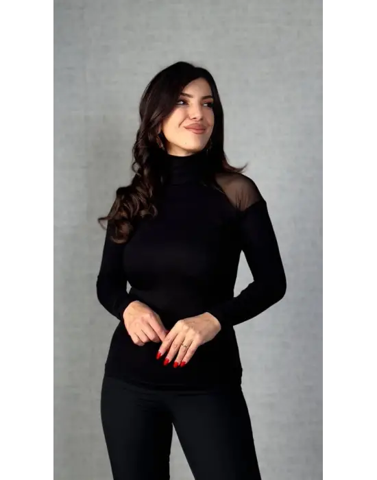 Kadın Omuzları Tül Balıkçı Yaka Viskon Kumaş Bluz