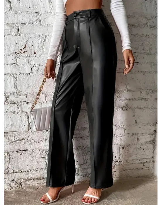 Kadın önden Fermuarlı Cepli Geniş Kesim Lame Deri Pantolon