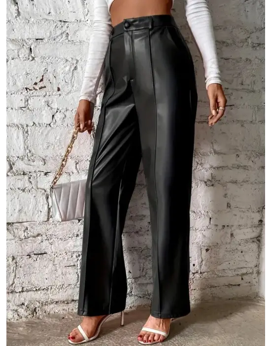 Kadın önden Fermuarlı Cepli Geniş Kesim Lame Deri Pantolon