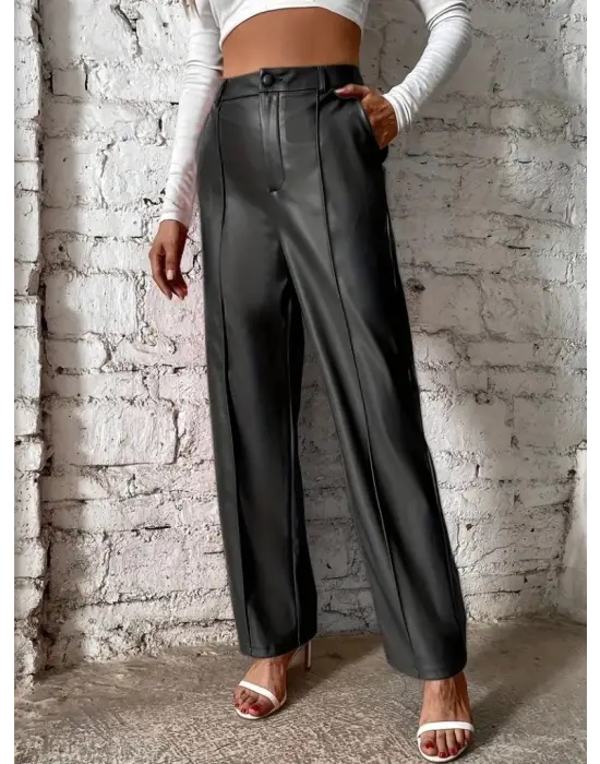 Kadın önden Fermuarlı Cepli Geniş Kesim Lame Deri Pantolon