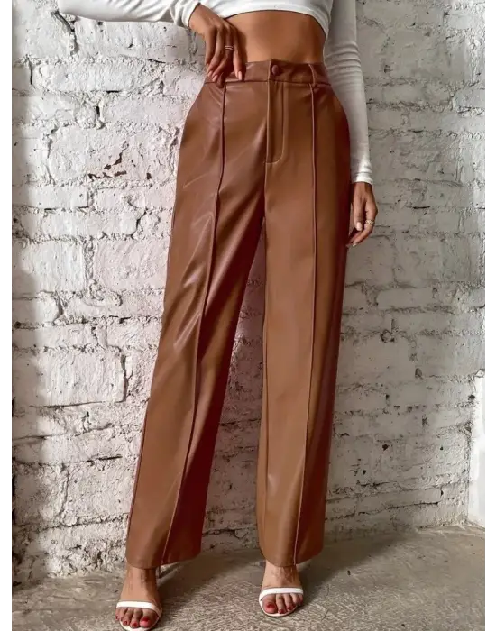 Kadın önden Fermuarlı Cepli Geniş Kesim Lame Deri Pantolon