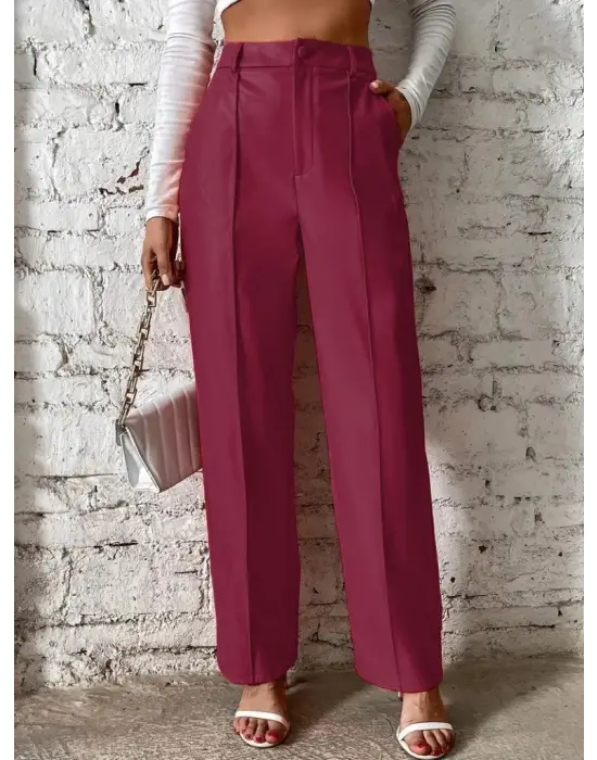 Kadın önden Fermuarlı Cepli Geniş Kesim Lame Deri Pantolon