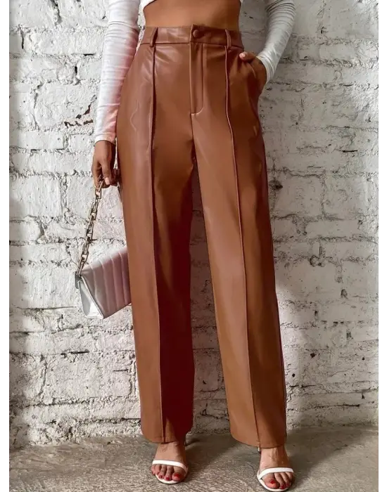 Kadın önden Fermuarlı Cepli Geniş Kesim Lame Deri Pantolon