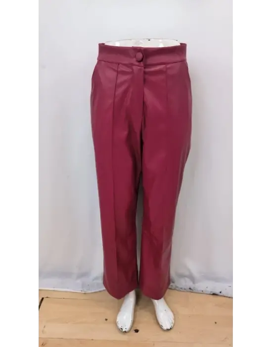 Kadın önden Fermuarlı Cepli Geniş Kesim Lame Deri Pantolon