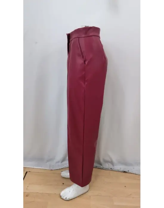 Kadın önden Fermuarlı Cepli Geniş Kesim Lame Deri Pantolon