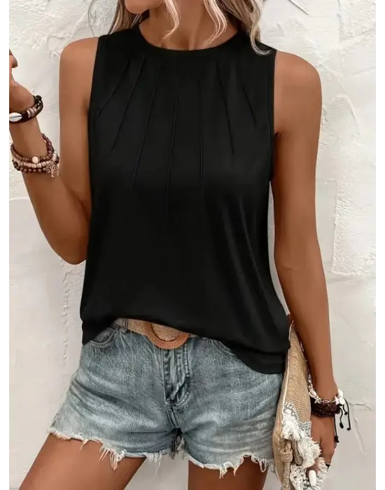 Omarı Şerit Detaylı Kolsuz Viskon Bluz