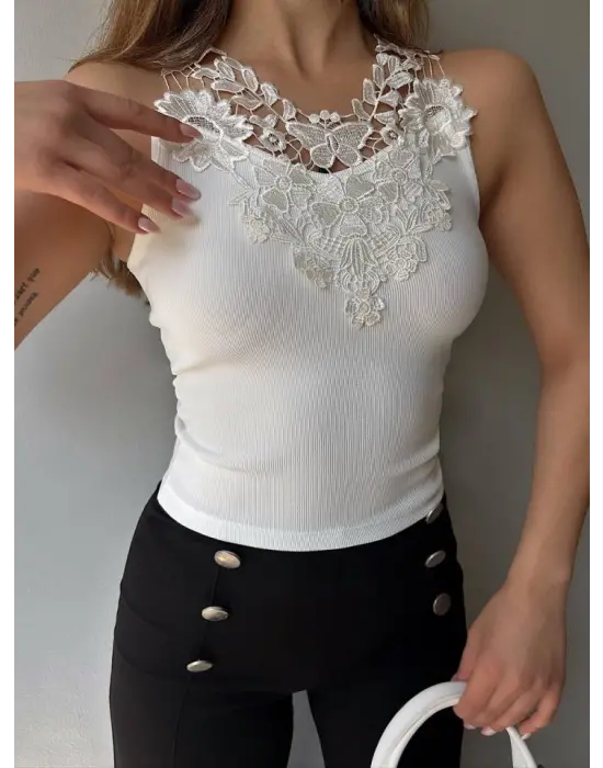 Kadın Ottoman Kumaş Dantel Detaylı Bluz