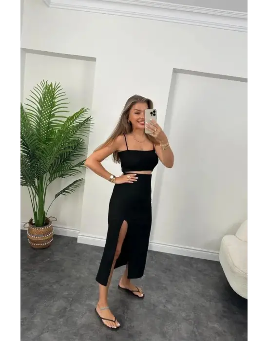 Kadın Ottoman Kumaş Likralı Midi Boy Kalem Etek Siyah